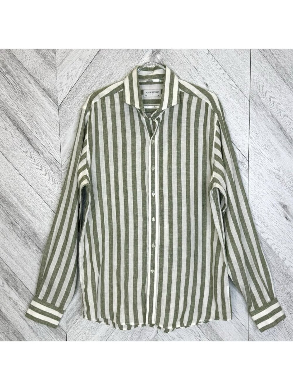 John Henric Sweden 100% Linen Long Sleeve Shirt Green Striped 16.5/42 Large